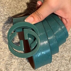 Gucci Teal Leather Belt with Logo Buckle